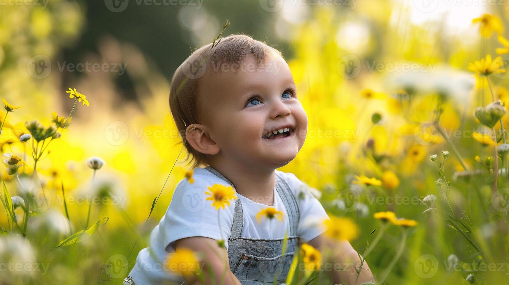 ai generiert Porträt von ein wenig Junge im ein Feld von Gelb Blumen. foto