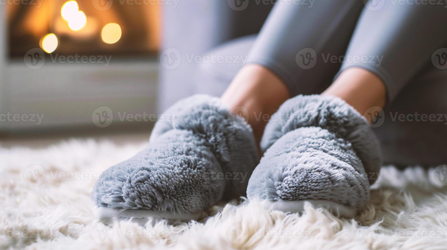 ai generiert Frau tragen warm Hausschuhe beim heim, Nahaufnahme. Winter Mode foto