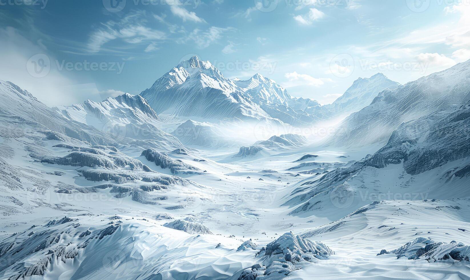ai generiert ein schneebedeckt Berg Landschaft mit ein Blau Himmel foto