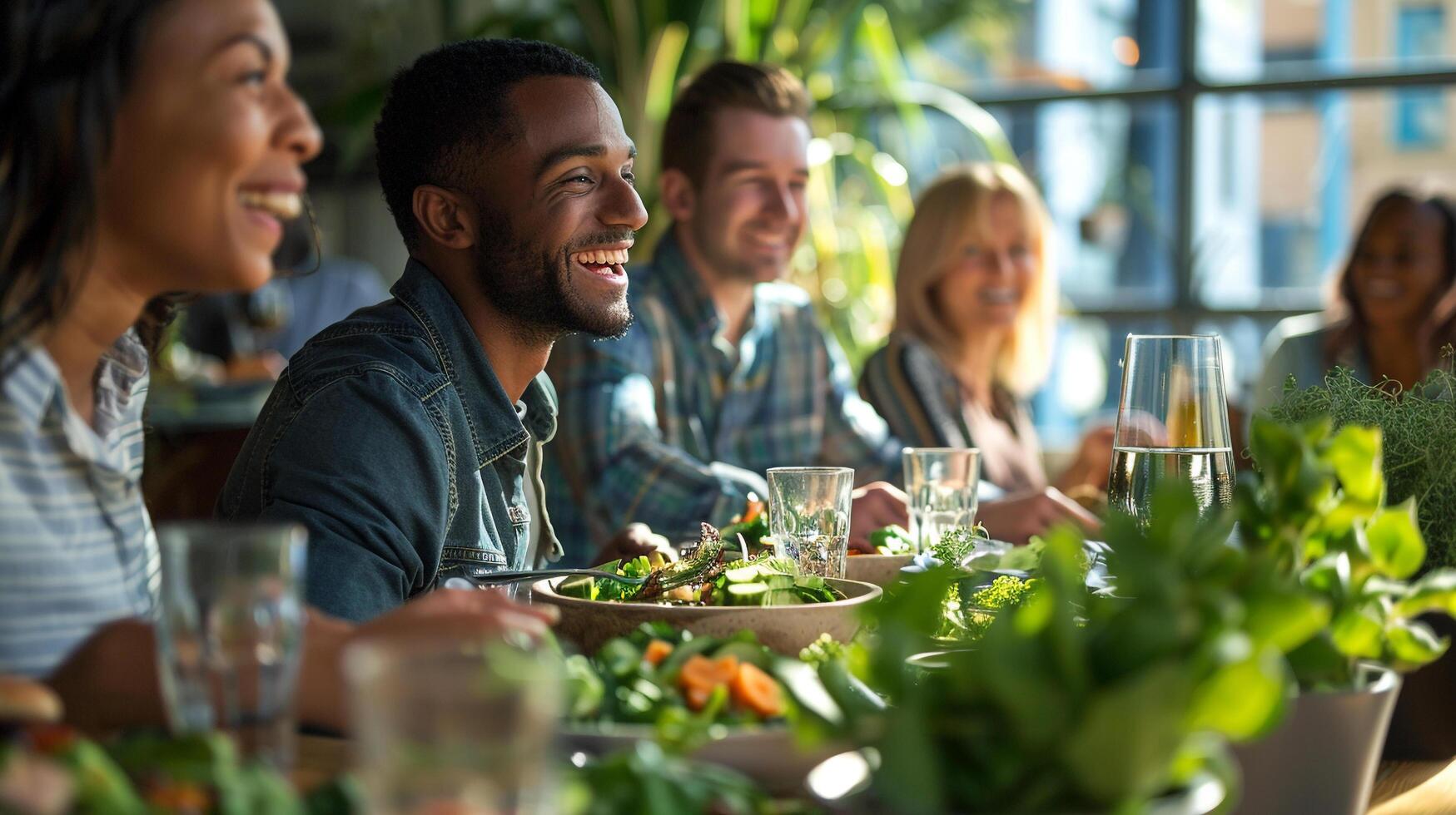 ai generiert ein Gruppe von Mitarbeiter haben ein gesund Mittagessen zusammen im das Büro foto