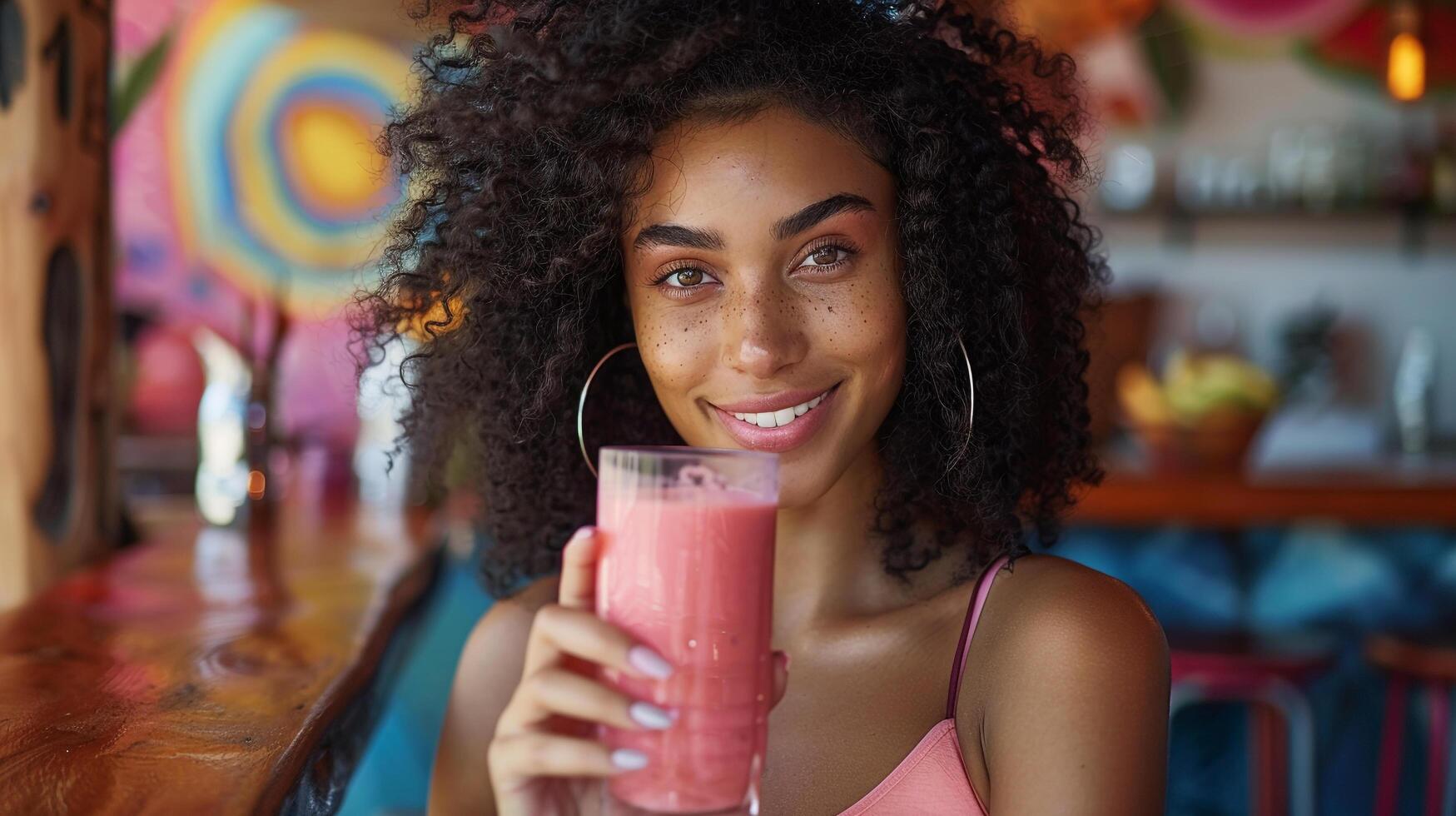 ai generiert ein Frau genießen ein gesund Smoothie nach ein trainieren foto