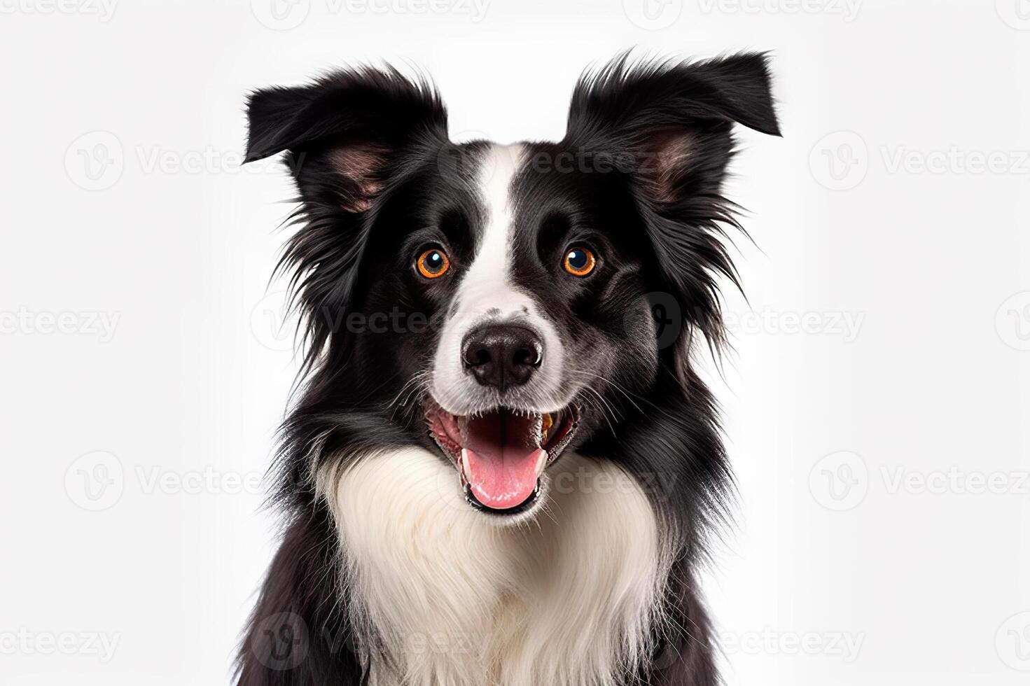 ai generiert fesselnd Eckzahn Charme Kopf Schuss von ein schwarz und Weiß Rand Collie, einnehmend keuchend und Verriegelung Augen mit das Kamera auf ein Weiß Hintergrund. erstellt mit generativ ai foto