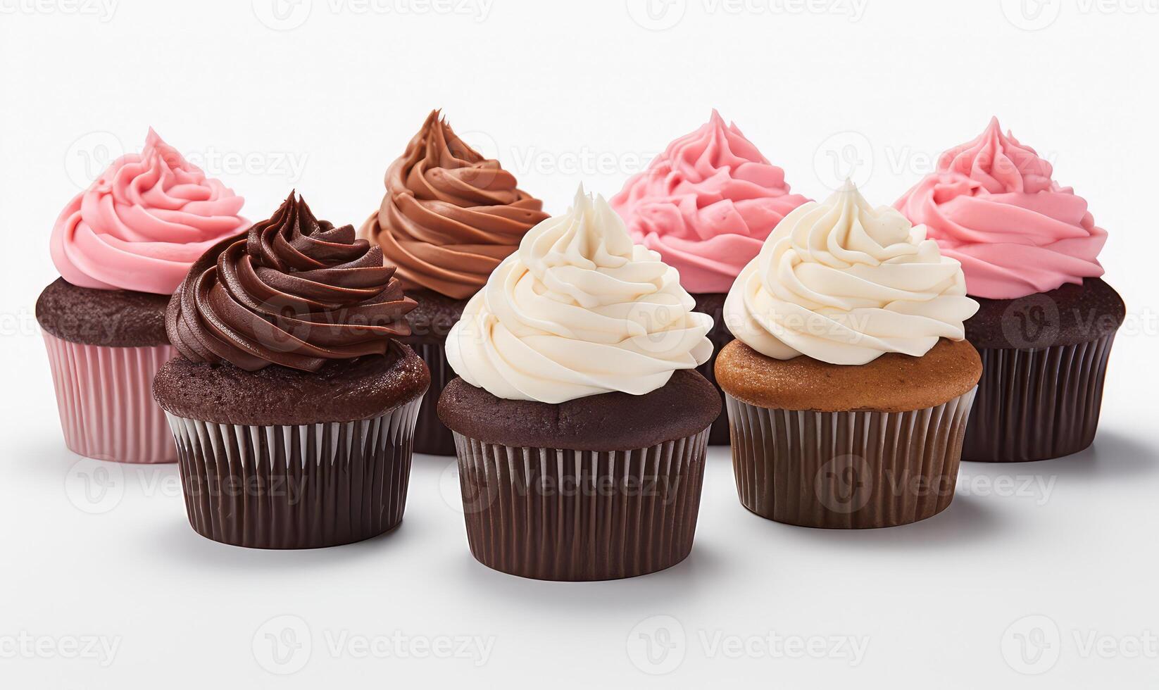 ai generiert Reihe von identisch Cupcakes mit anders farbig foto