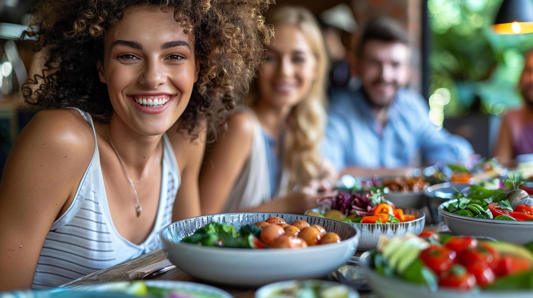 ai generiert ein Gruppe von Mitarbeiter haben ein gesund Mittagessen zusammen im das Büro foto