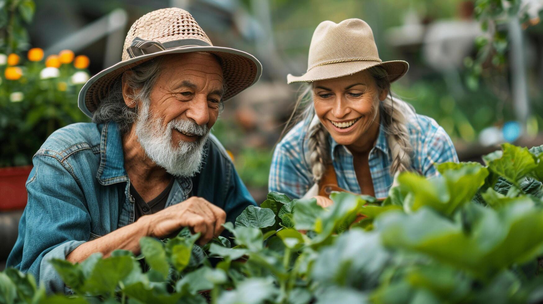 ai generiert ein Senior Paar bleiben aktiv durch Gartenarbeit zusammen foto