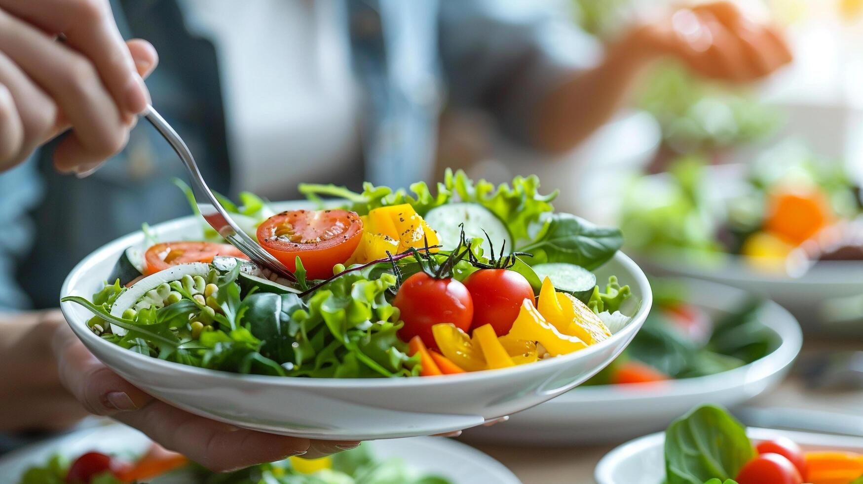 ai generiert ein Gruppe von Mitarbeiter haben ein gesund Mittagessen zusammen im das Büro foto