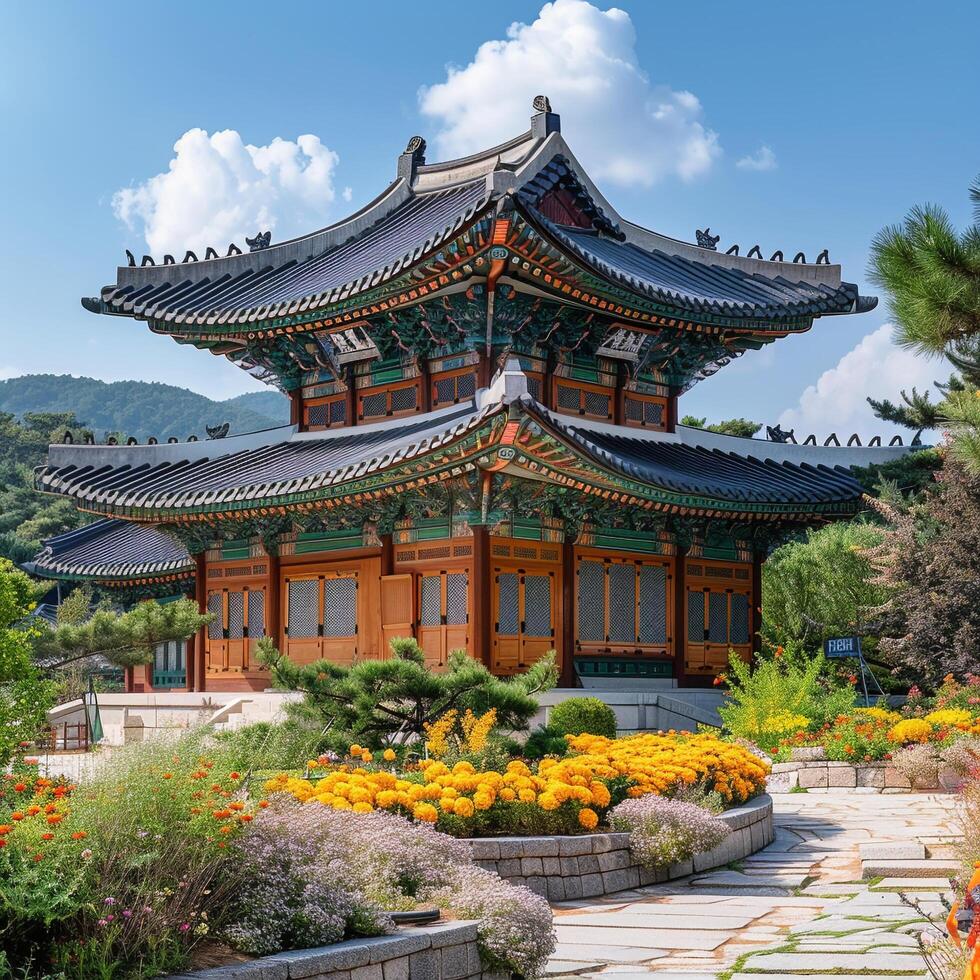 ai generiert traditionell Koreanisch die Architektur uralt Stil Süd Koreatop Reise Wahrzeichen im Seoul Korea foto