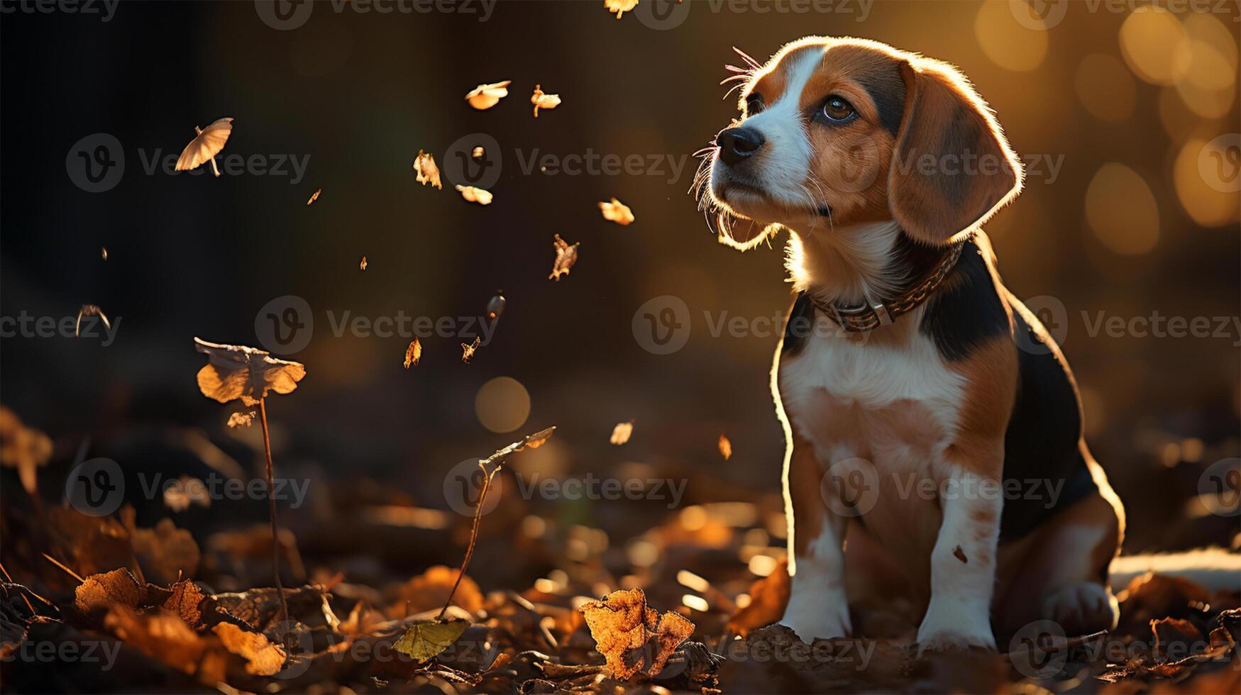 ai generiert Beagle Welpe unter gefallen Blätter, golden Stunde Licht. foto