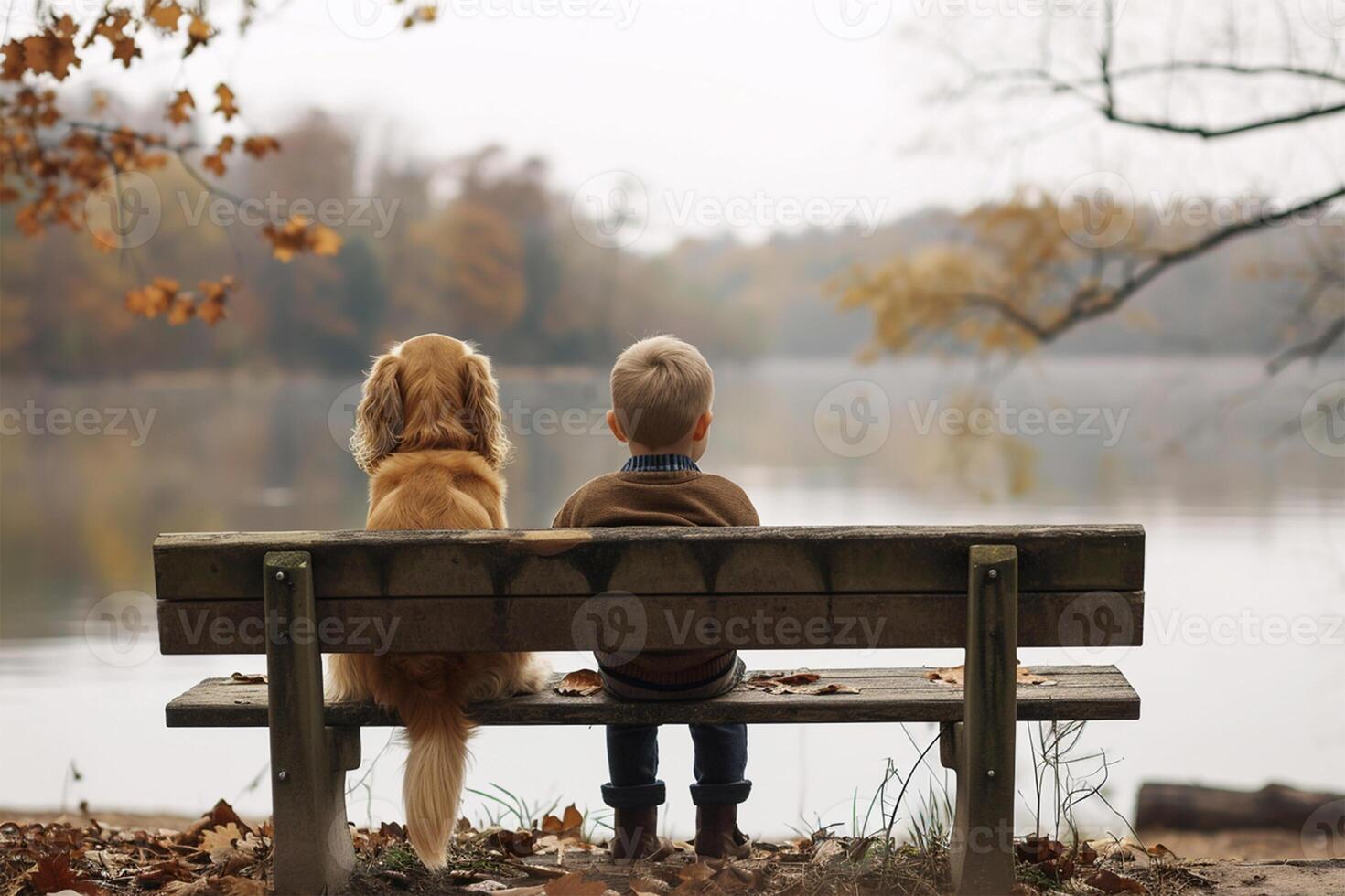 ai generiert ein Kind und ein golden Retriever sind Sitzung auf ein Bank, bewundern das Aussicht von das See im das Stille von das Herbst Nacht. foto