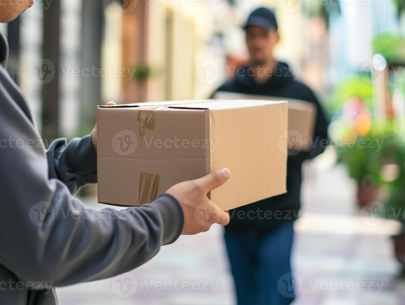 ai generiert Fokus auf Vorbeigehen ein Paket von einer Person zu Ein weiterer draußen im ein städtisch Umfeld. foto