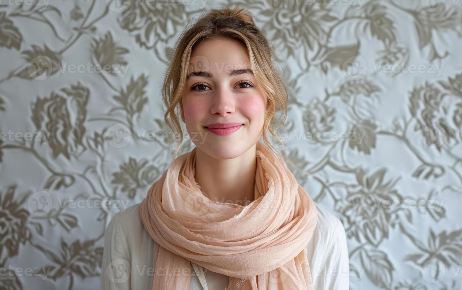 ai generiert ein Kunstwerk mit ein Frau mit ein lächeln, ergänzt durch ein Schal im ein Licht Pfirsich Farbe foto