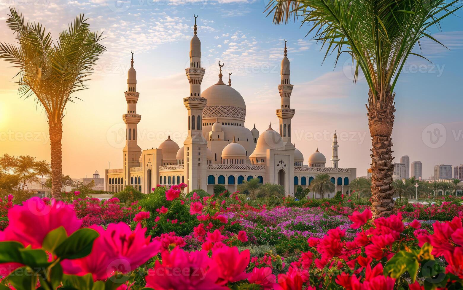 ai generiert reichlich Garten und bemerkenswert Moschee wie das Sonne steigt an foto