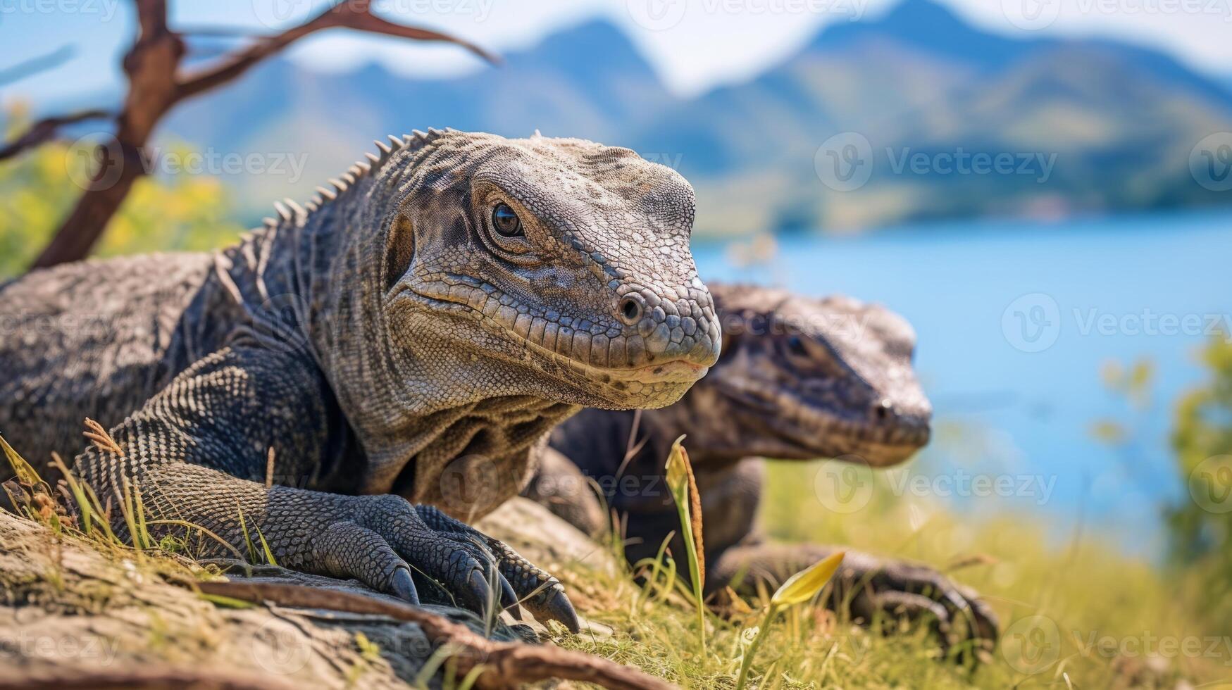 ai generiert komodo Drachen aalen im ihr natürlich Umgebung foto