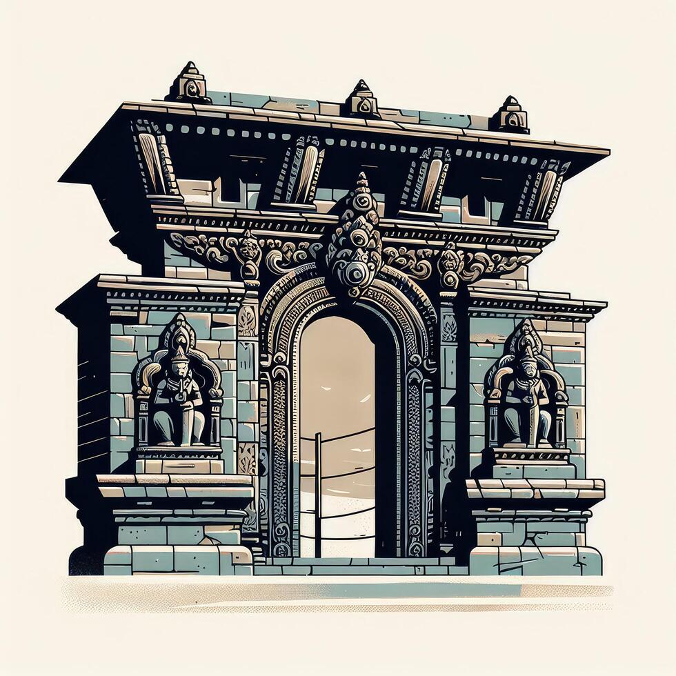 ai generiert ein Nahansicht Darstellung von ein verwittert Stein Eingang Tor zu ein nepali Tempel, geschmückt mit kompliziert Schnitzereien und Wächter Statuen. foto