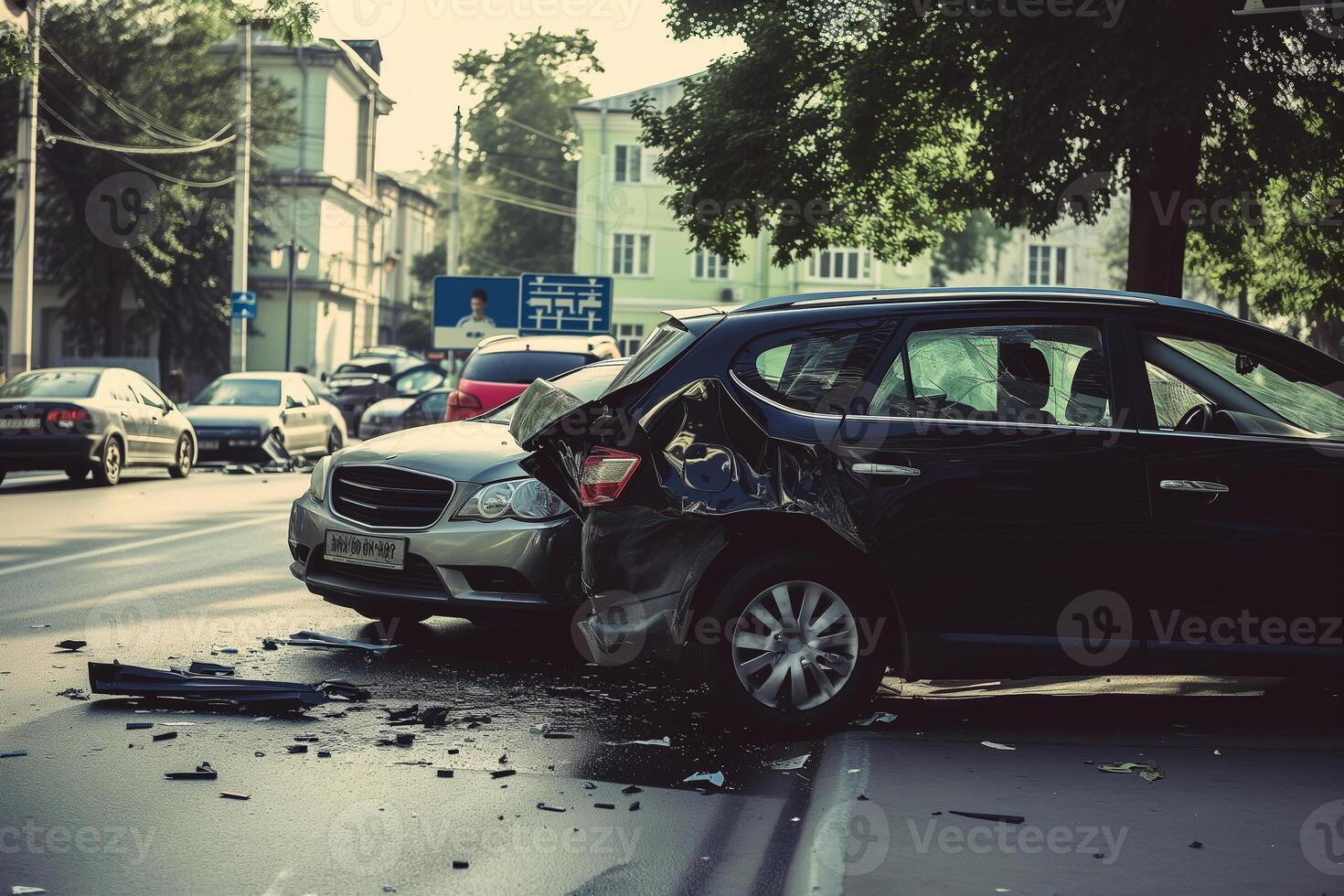 ai generiert gebrochen Auto auf das Straße, Auto Unfall foto