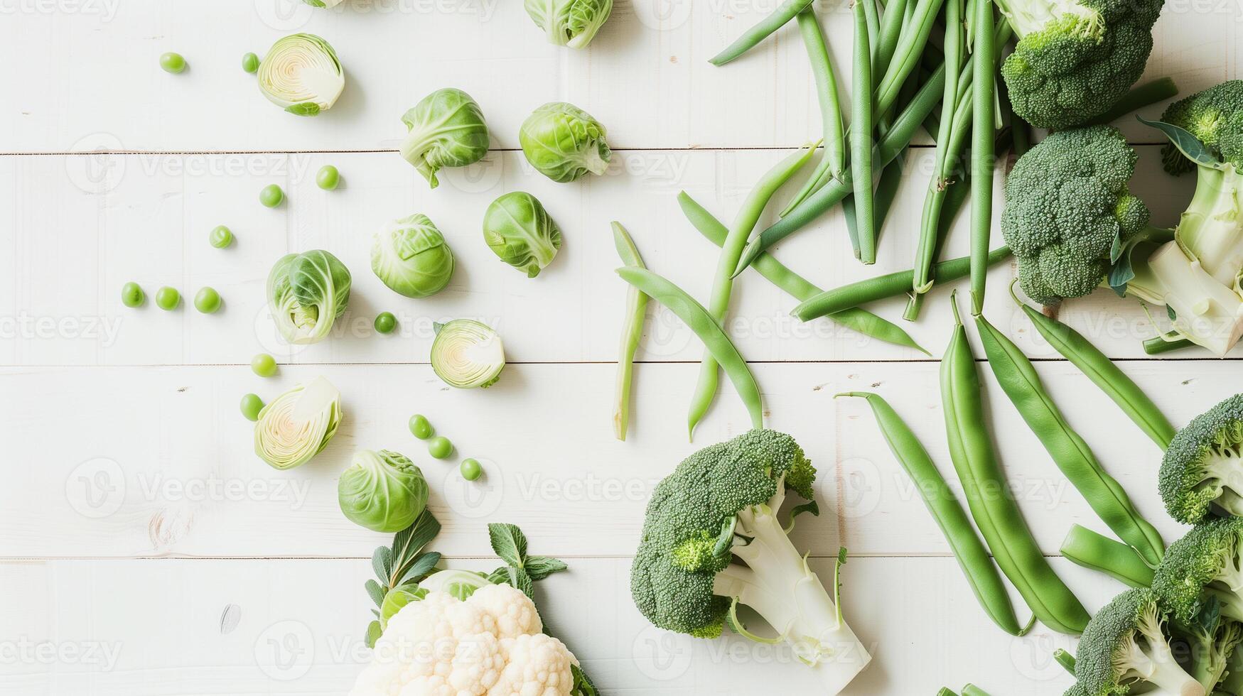 ai generiert Gemüse Blumenkohl, Brokkoli, Brüssel Sprossen, Erbsen auf ein Weiß hölzern Hintergrund, oben Sicht, Kopieren Raum foto