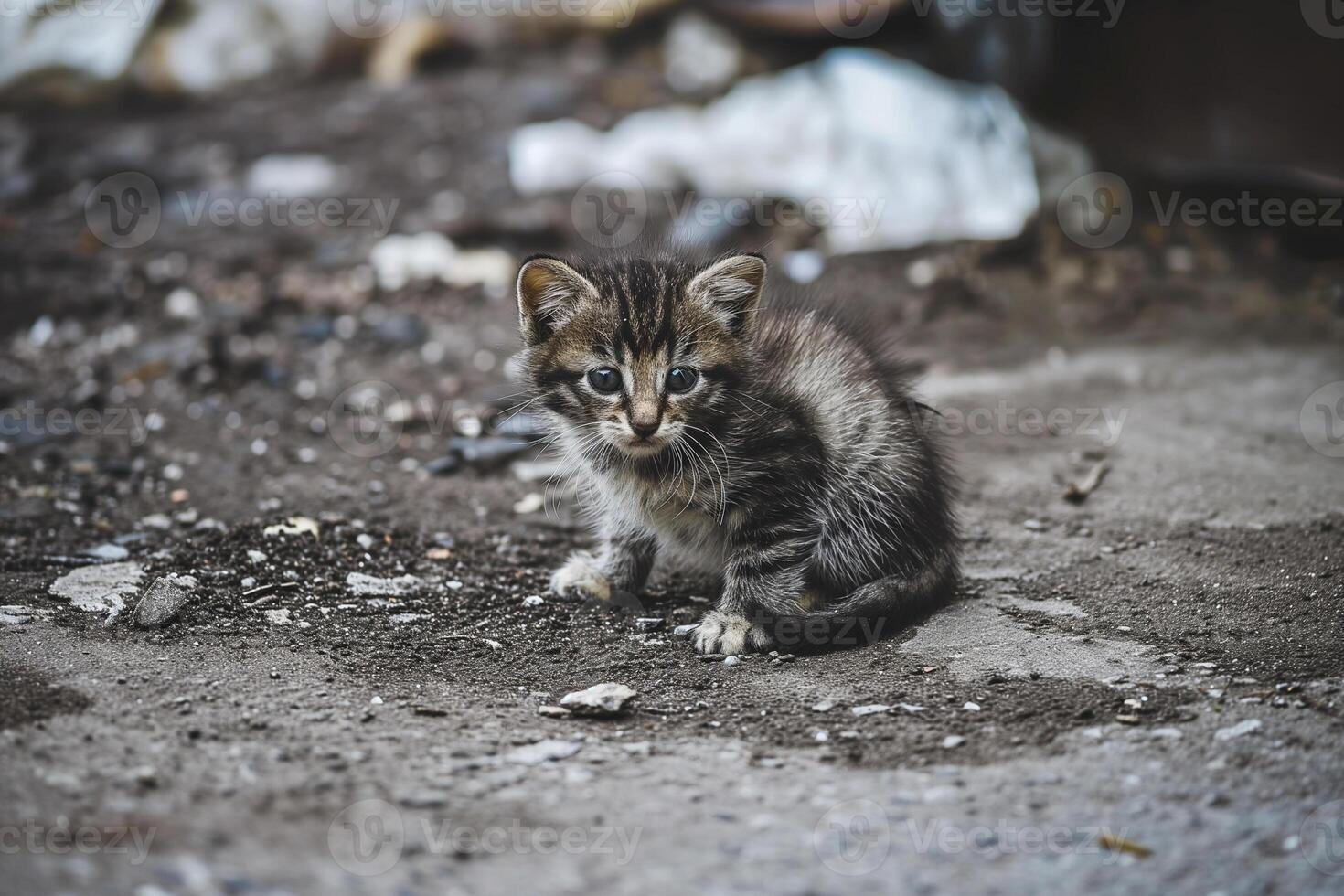 ai generiert klein schmutzig Einfrieren Kätzchen auf das Straße foto