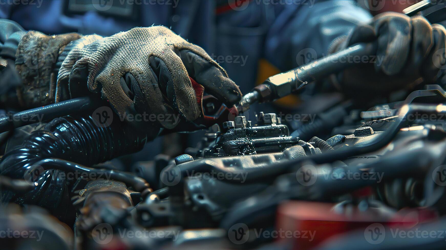 ai generiert Auto Mechaniker Arbeiten im Werkstatt, schließen oben ein Auto Mechaniker reparieren Auto Motor, Bedienung Arbeiter beim das Arbeit foto