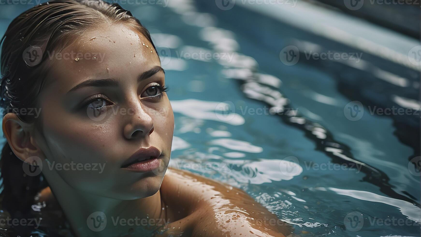 ai generiert Porträt von ein ziemlich Mädchen im das Schwimmbad, nass Porträt, nass gir im das Schwimmbad, Frau ist Schwimmen im das Schwimmbad foto