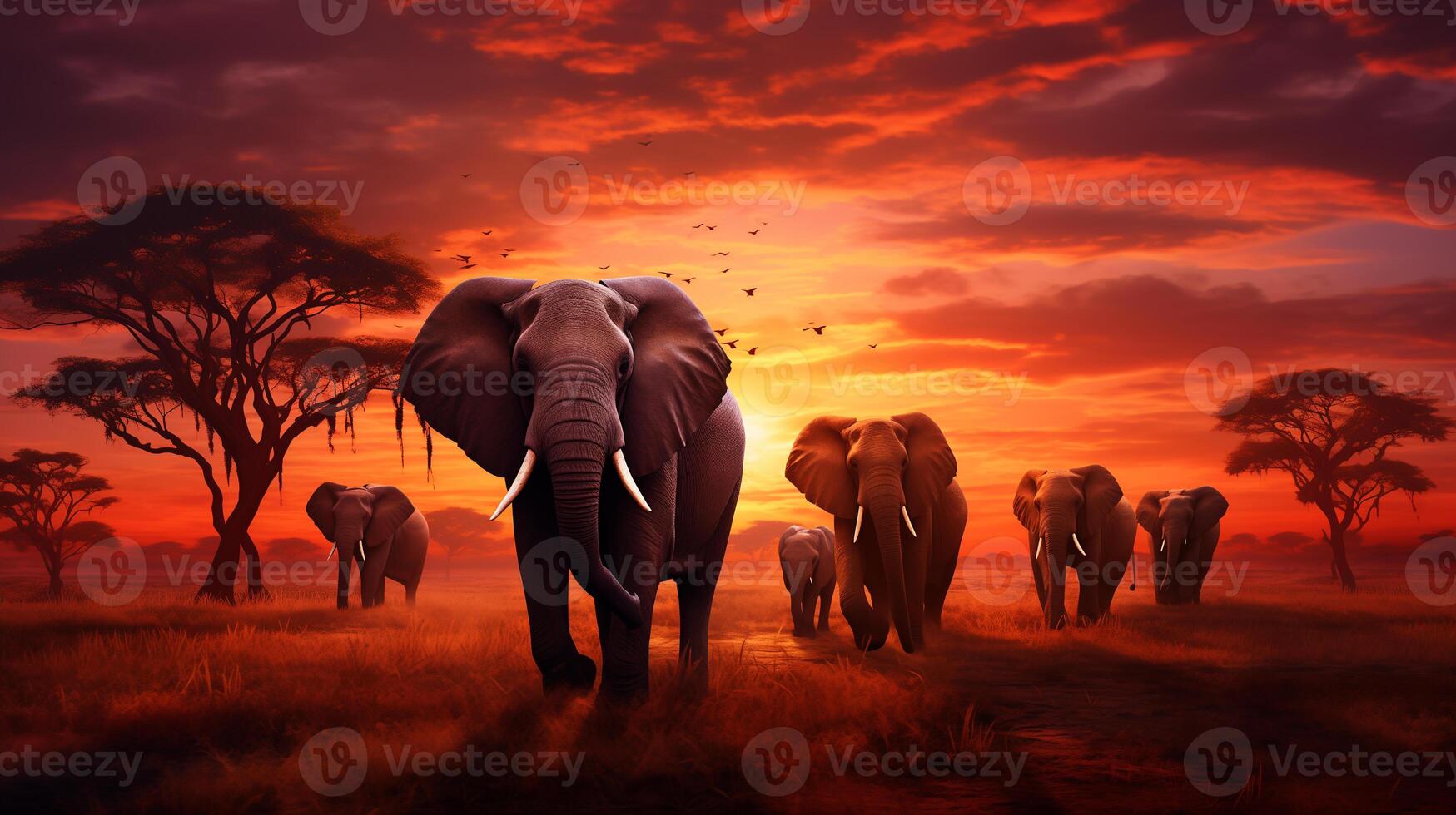 ai generiert ein Gruppe von majestätisch Elefanten Spaziergänge entlang das afrikanisch Steppe gegen das Hintergrund von ein magisch Sonnenuntergang foto