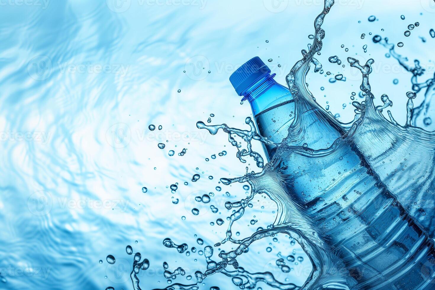 ai generiert Blau Flasche von Mineral Wasser im Wasser spritzt foto