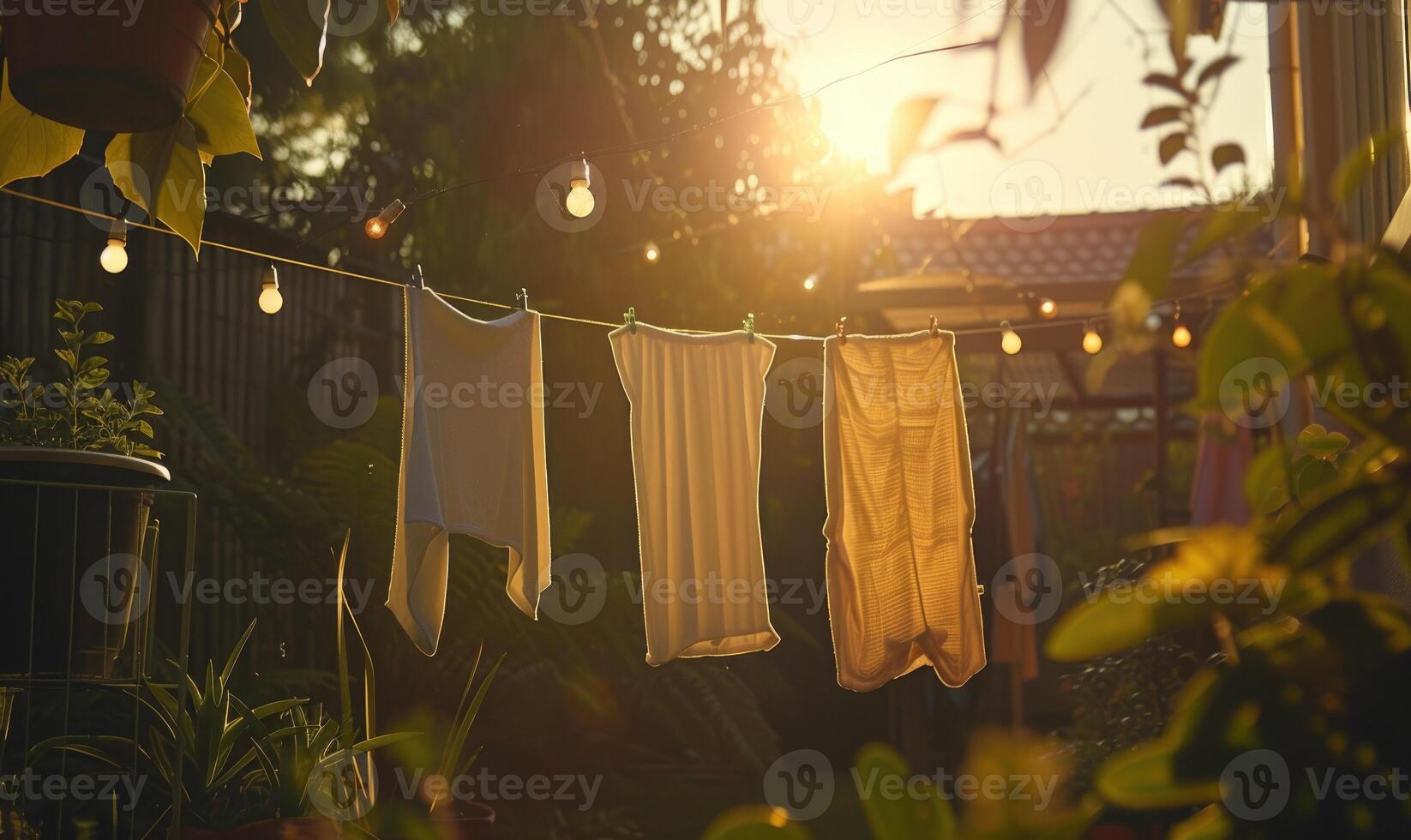 ai generiert Wäsche Trocknen auf das Wäscheleine im das Garten beim Sonnenuntergang foto