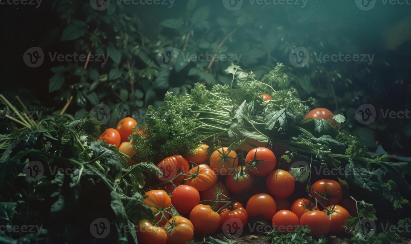 ai generiert immer noch Leben mit frisch Tomaten und Petersilie auf ein dunkel Hintergrund. foto