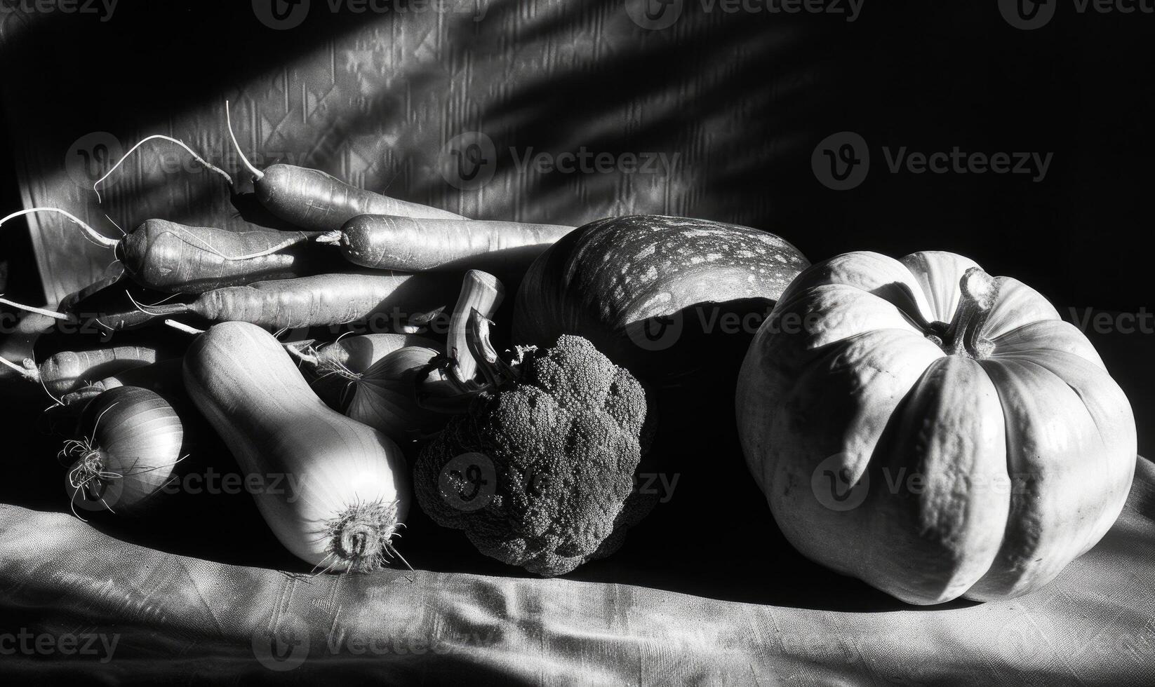 ai generiert immer noch Leben Gemüse auf ein schwarz Hintergrund, schwarz und Weiß Foto. foto
