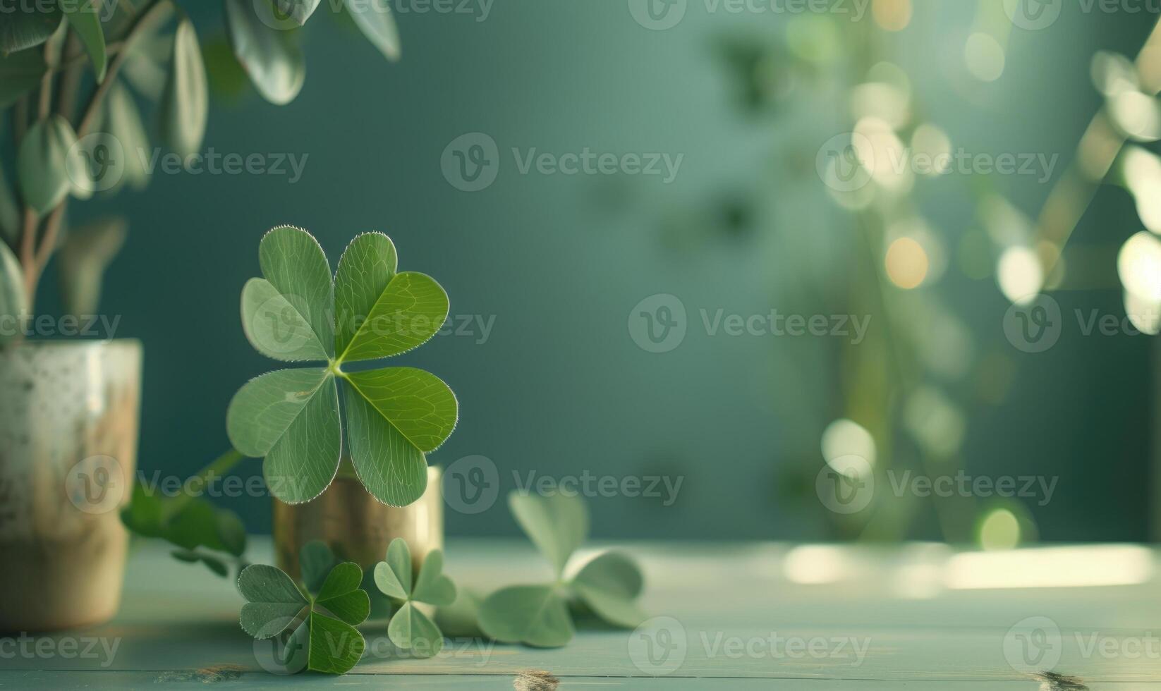 ai generiert st. Patrick's Tag Hintergrund mit Kleeblätter und Bokeh foto