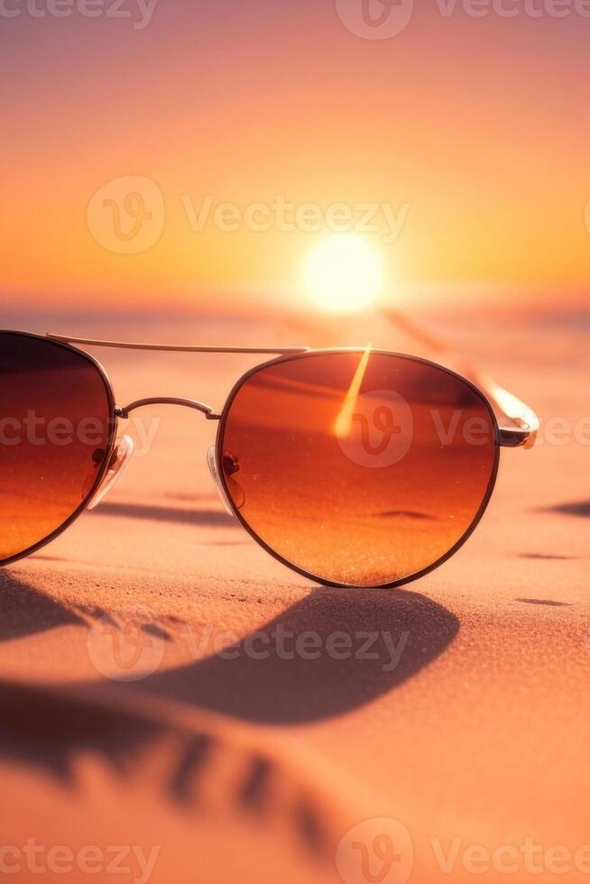 ai generiert Sonnenbrille auf das Strand mit Blau Himmel und Ozean foto