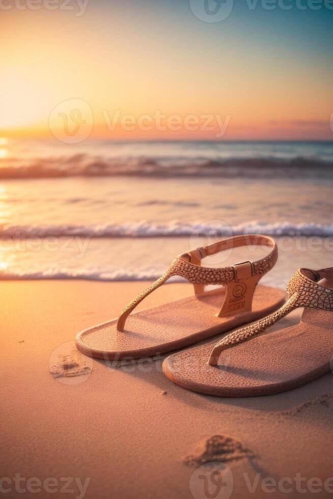 ai generiert ein Paar von Sandalen auf das Strand foto