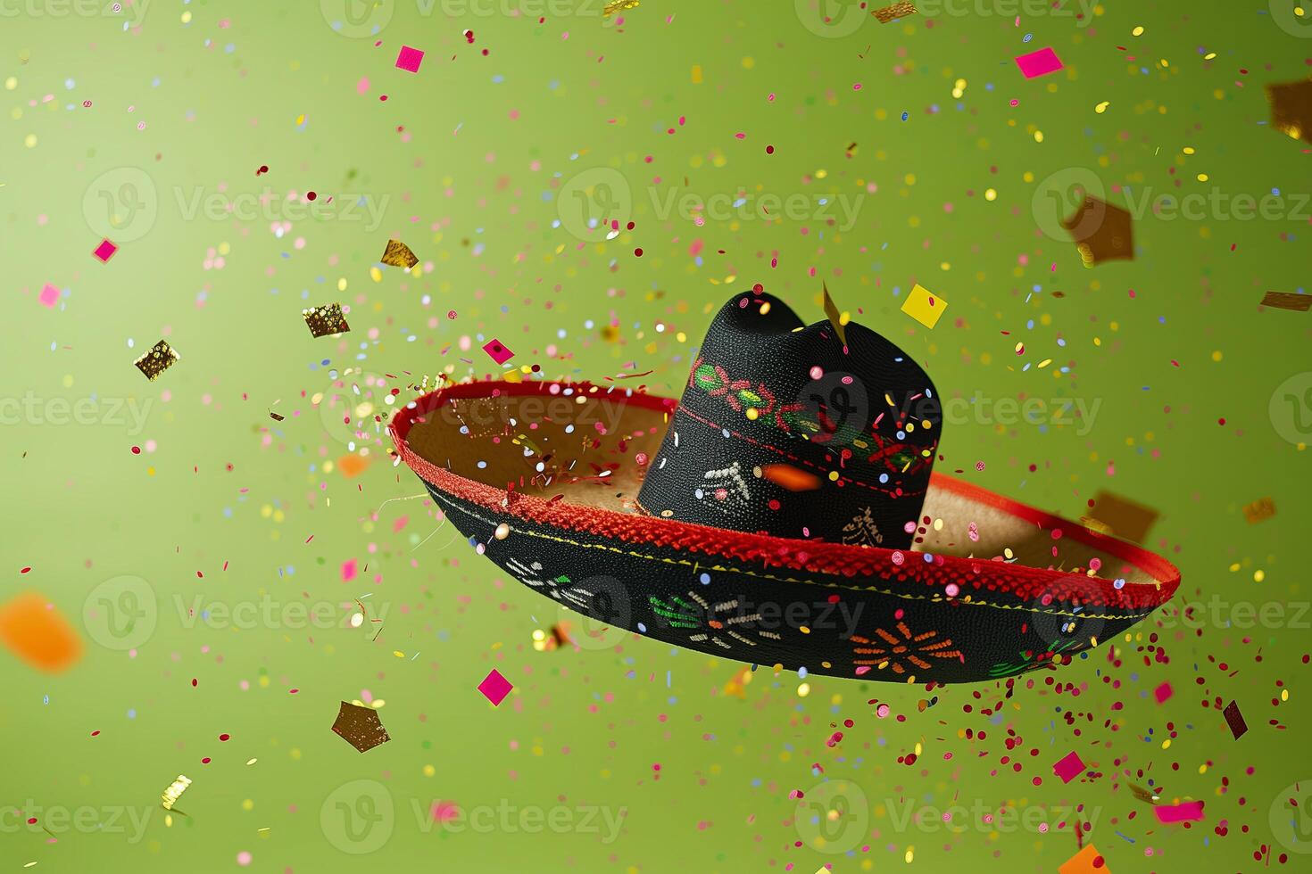 ai generiert traditionell festlich Mexikaner Sombrero auf ein Limette Grün Hintergrund mit festlich fliegend Konfetti foto