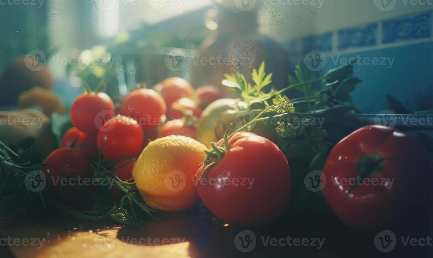 ai generiert Tomaten und Zitronen auf das Tabelle im das Küche. selektiv Fokus. foto