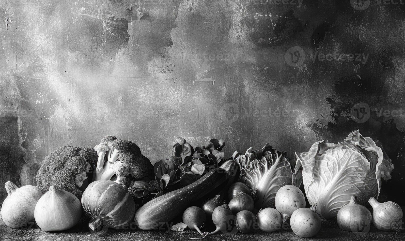 ai generiert immer noch Leben mit Gemüse auf ein rustikal Hintergrund. schwarz und Weiß. foto