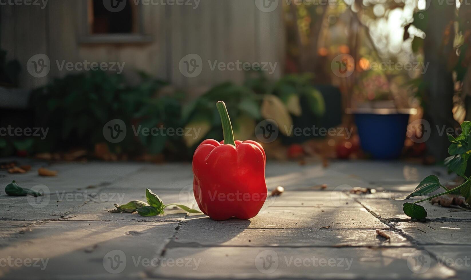 ai generiert rot Glocke Pfeffer auf das Boden im das Garten beim Sonnenuntergang. selektiv Fokus. foto