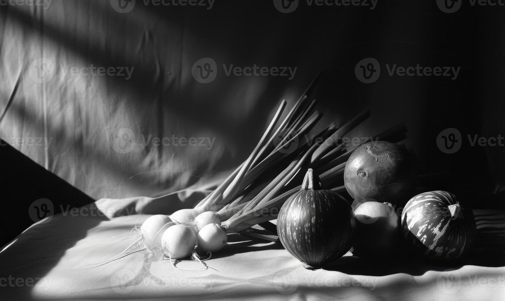 ai generiert immer noch Leben Gemüse auf ein schwarz Hintergrund, schwarz und Weiß Foto. foto