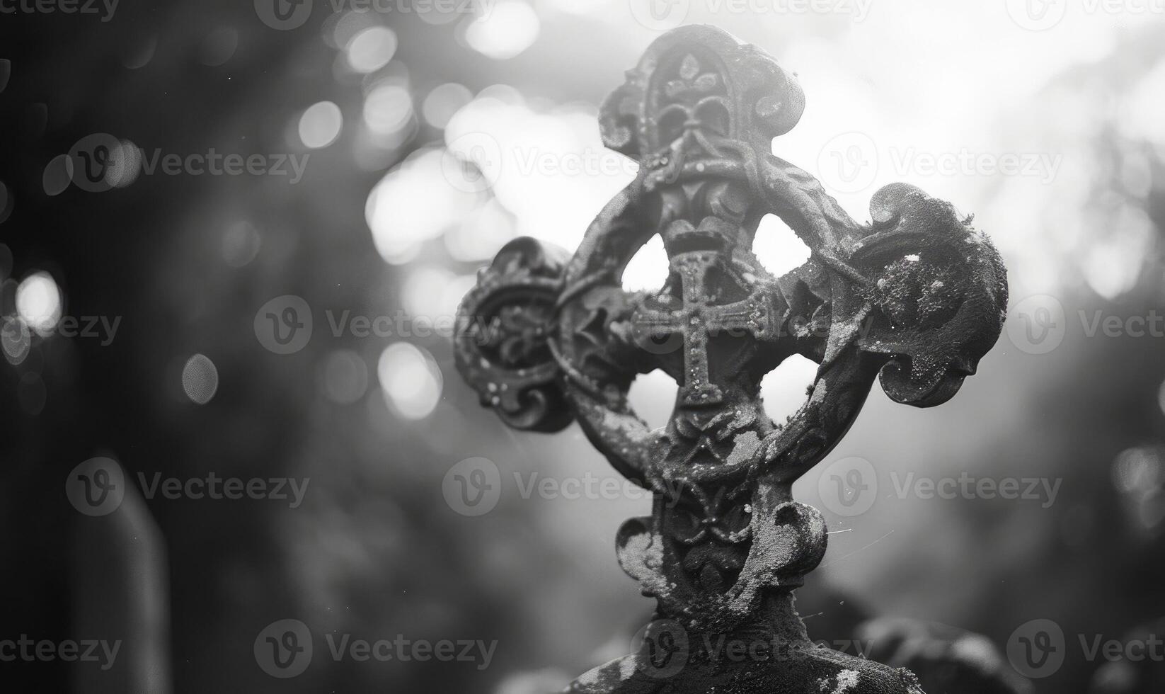 ai generiert schwarz und Weiß Bild von ein keltisch Kreuz auf ein Grab im ein Friedhof, Kopieren Raum foto