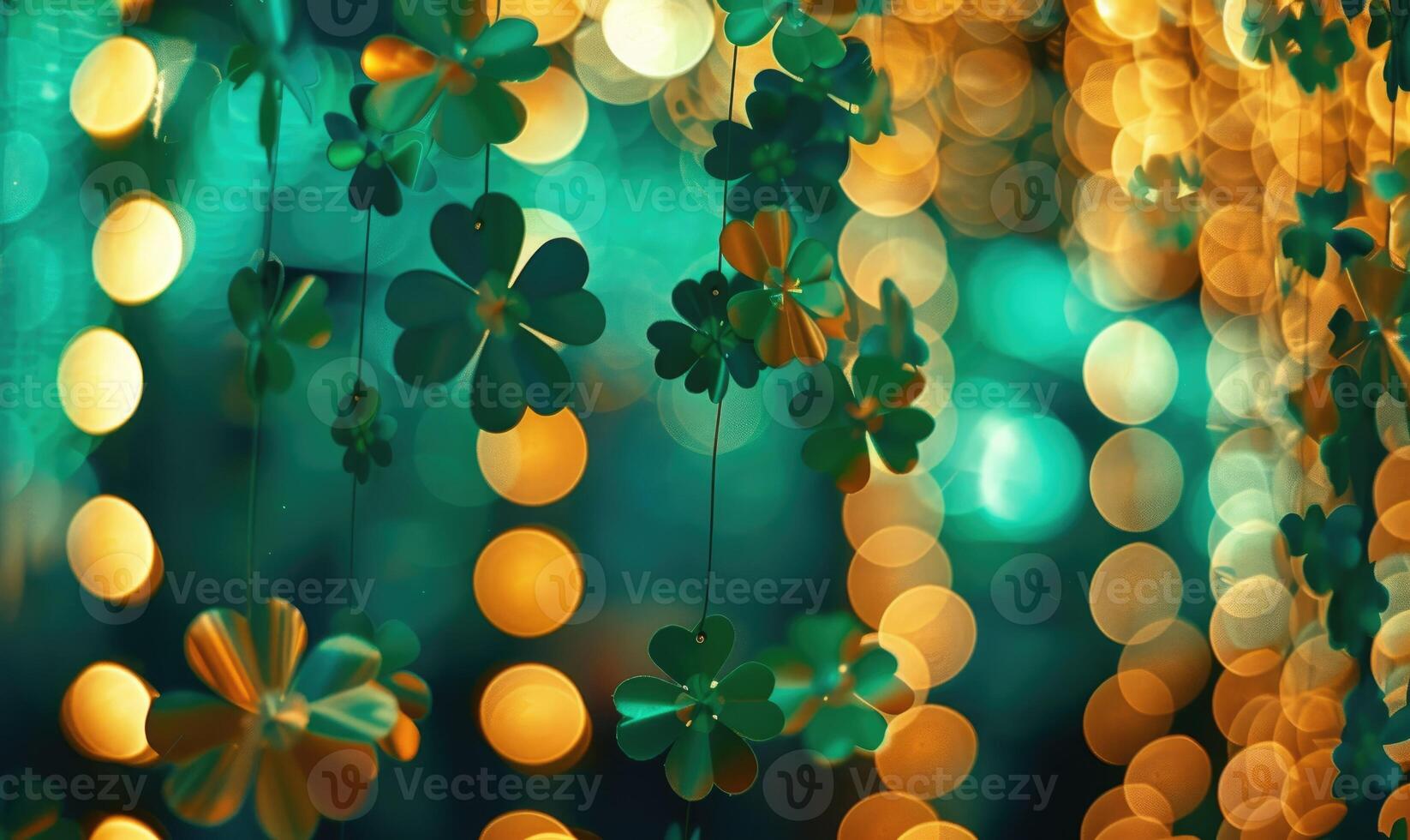 ai generiert st. Patricks Tag Hintergrund mit Grün Kleeblatt Blätter und Bokeh foto