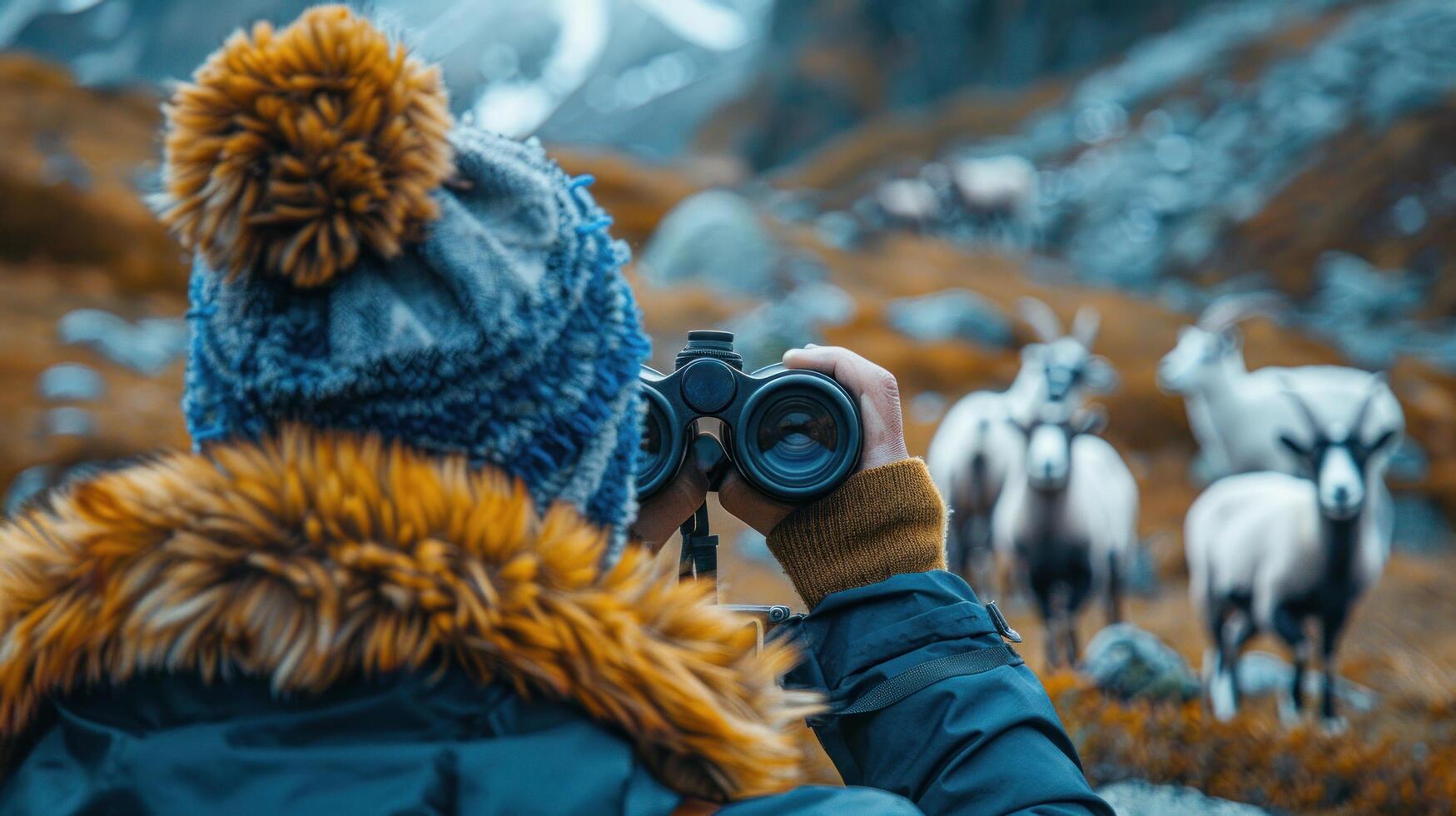 ai generiert Person nehmen Bild von Herde von Schaf foto