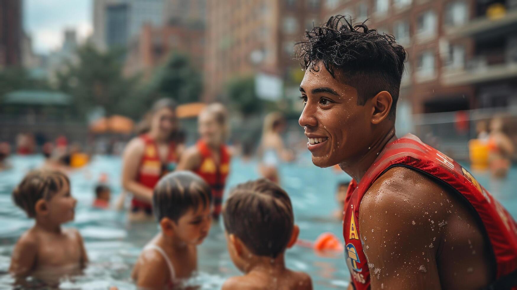 ai generiert jung Junge Stehen Nächster zu Schwimmen Schwimmbad foto