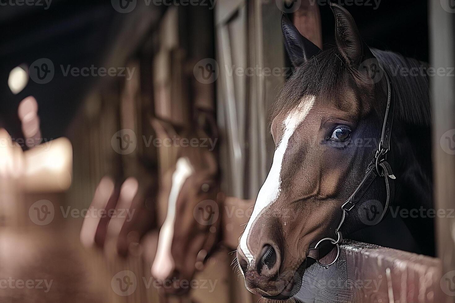 ai generiert Nahansicht von ein Pferd Gesicht suchen aus von ein stabil foto