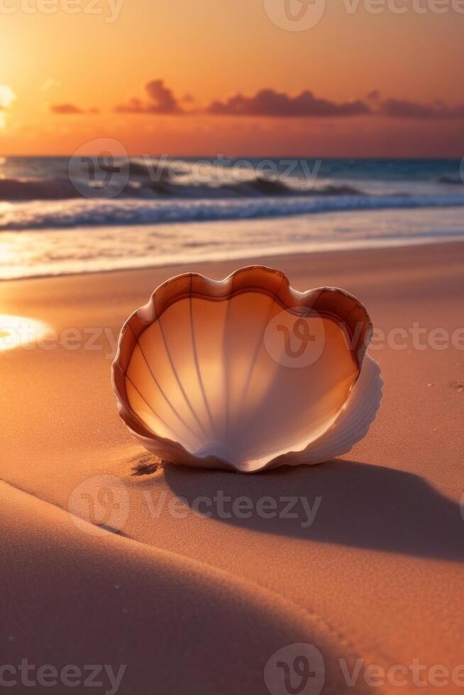 ai generiert ein Schale auf das Sand mit Wellen im das Hintergrund foto