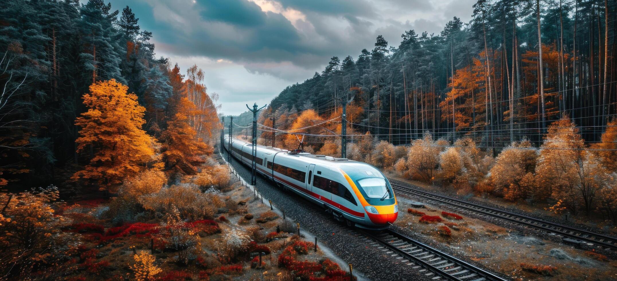 ai generiert ein Luxus schnell Zug Reisen durch ein Wald mit ein wolkig Himmel foto