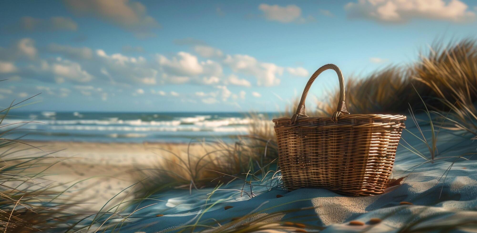 ai generiert ein Picknick Korb sitzt auf ein sandig Strand foto