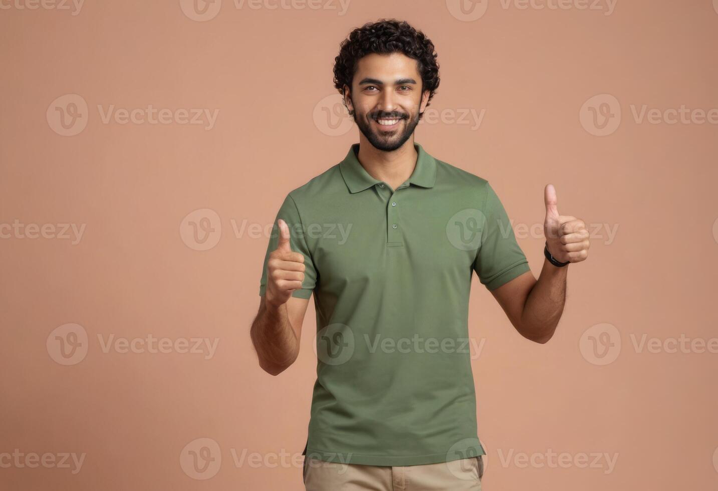 ai generiert ein Mann mit lockig Haar im ein Grün Polo Hemd geben zwei Daumen hoch, Stehen zuversichtlich. foto