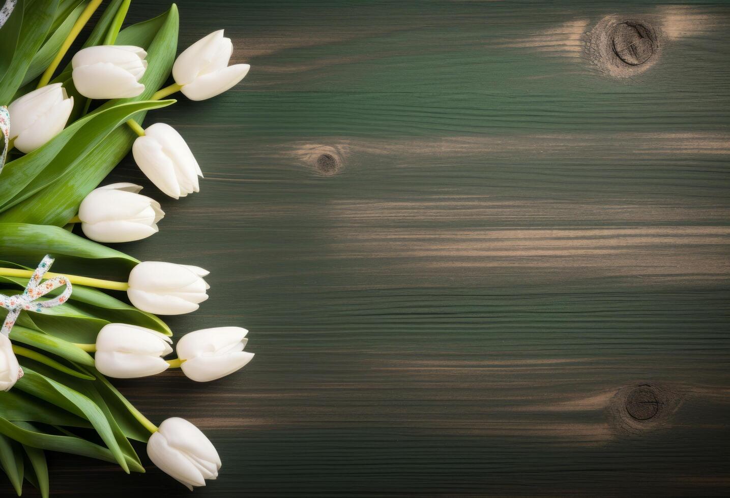 ai generiert ein Grün Ostern Karte auf Holz mit Tulpen und Eier foto