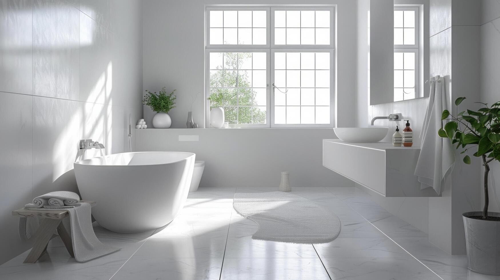 ai generiert ein minimalistisch Badezimmer mit ein sauber Weiß Farbe planen, mit ein einfach Nichtigkeit foto