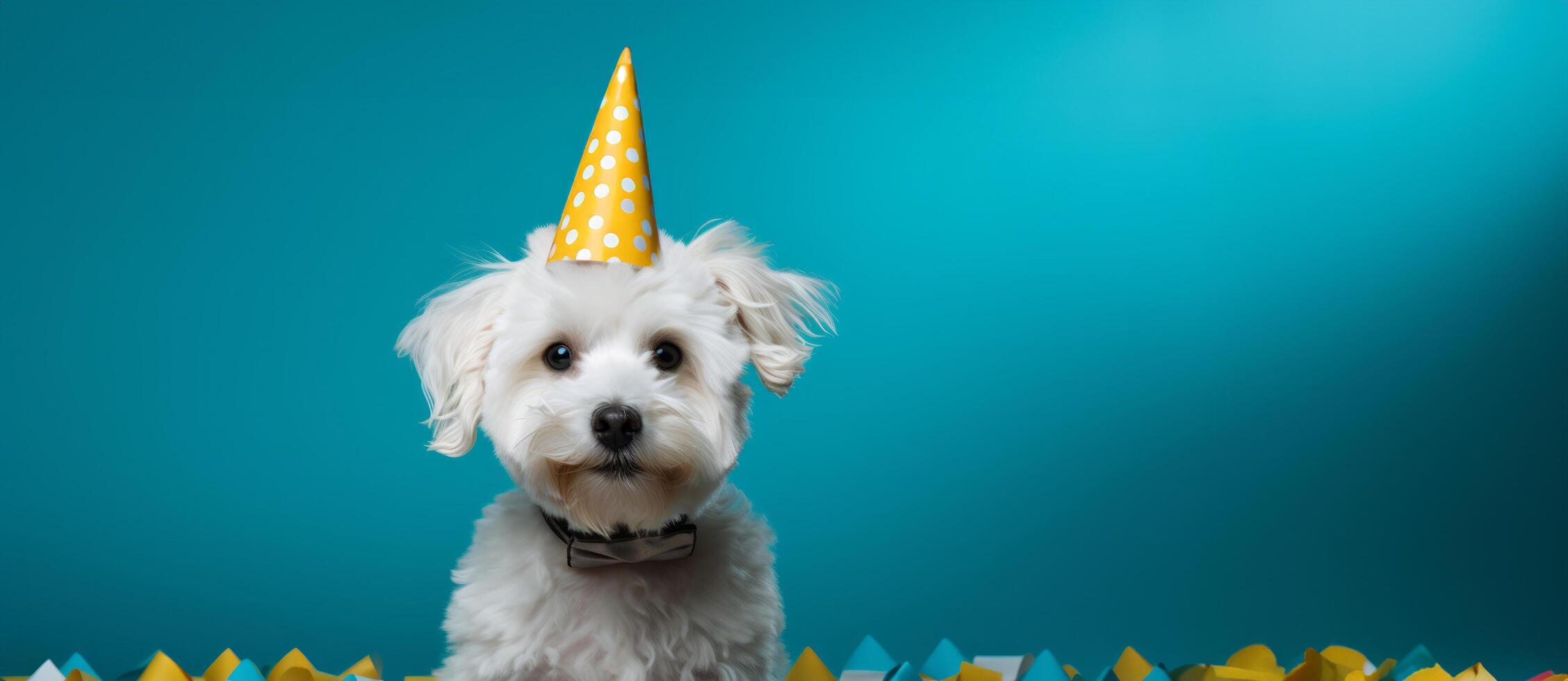 ai generiert ein Weiß Hund im ein Party Hut foto