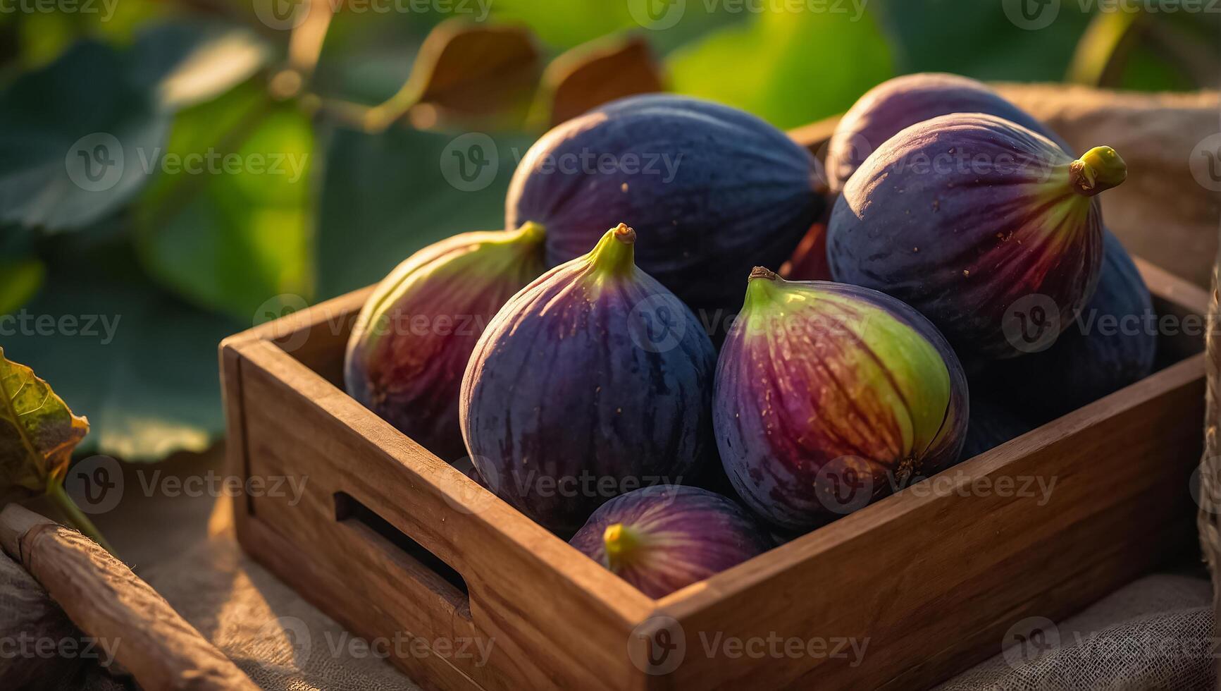 ai generiert frisch reif Feigen im ein hölzern Box im Natur foto