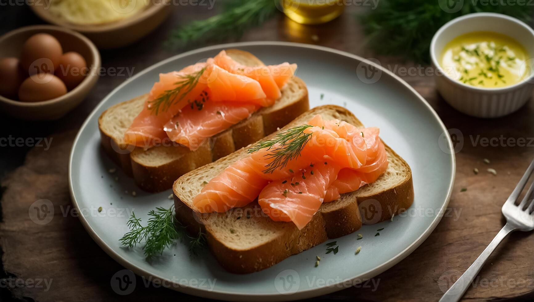 ai generiert Brot mit frisch Lachs geschnitten köstlich Lachs auf ein Teller foto